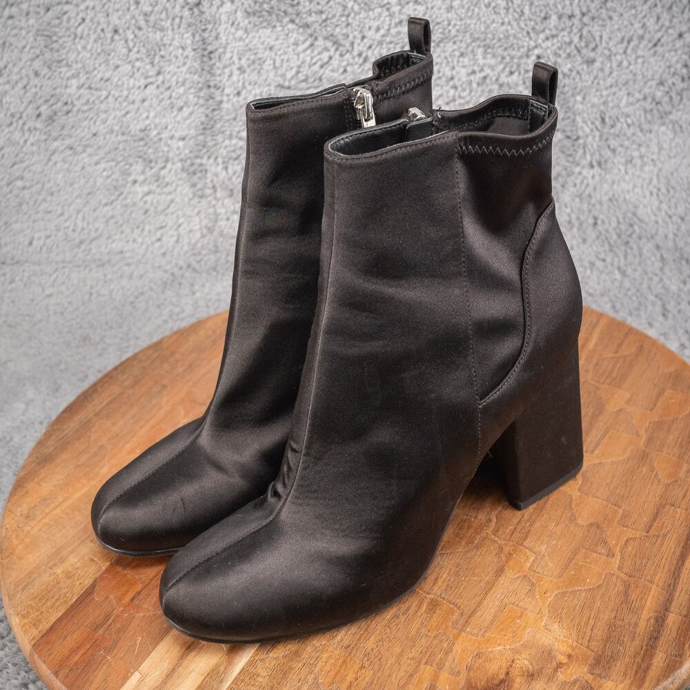 Marc Fisher Janie Satin Black Chunky Block 3-1/2" Heel Ankle Boots Zipper Sz 8 - Picture 3 of 7
